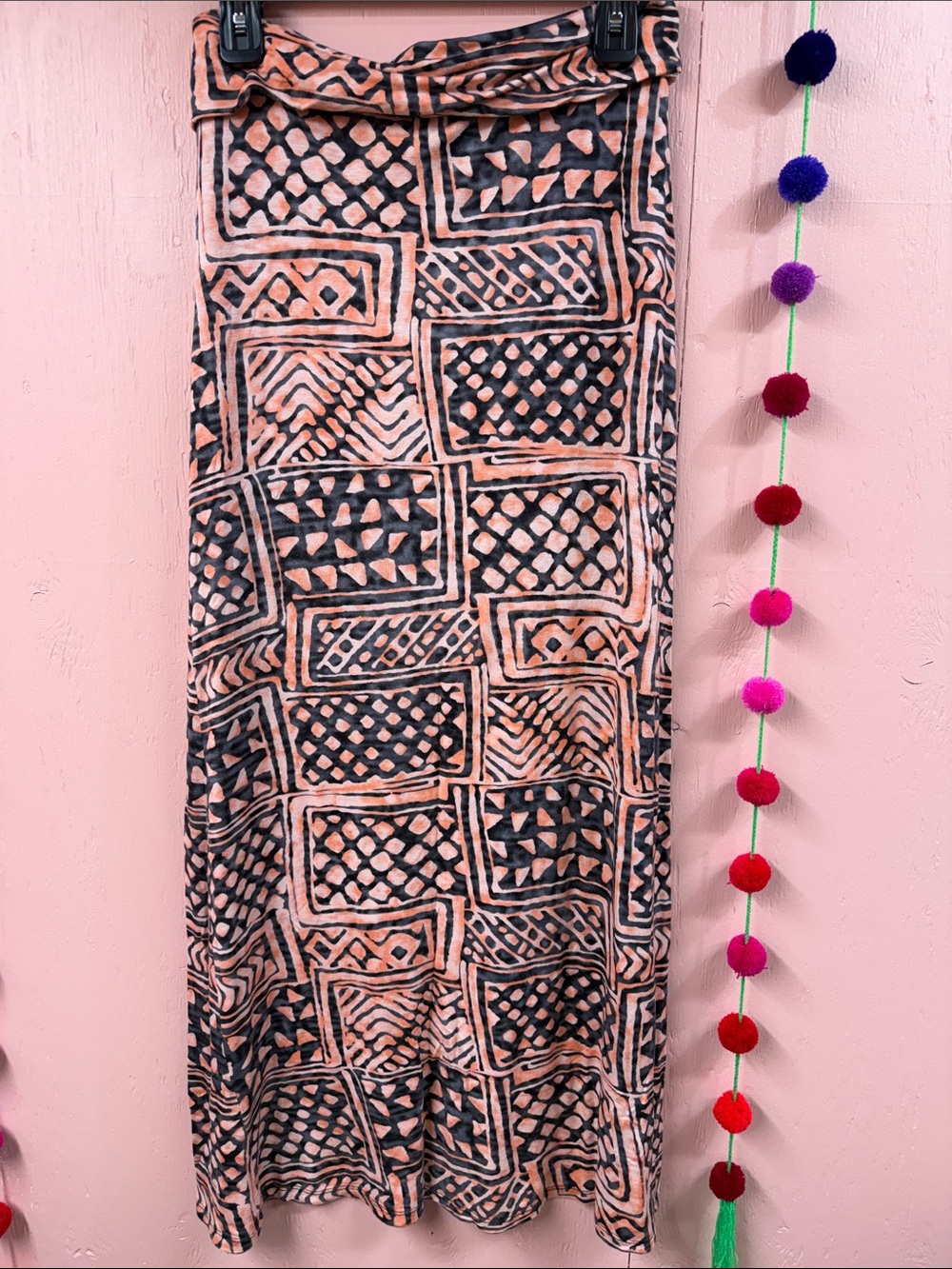 Patterned Peach and Black Maxi Skirt